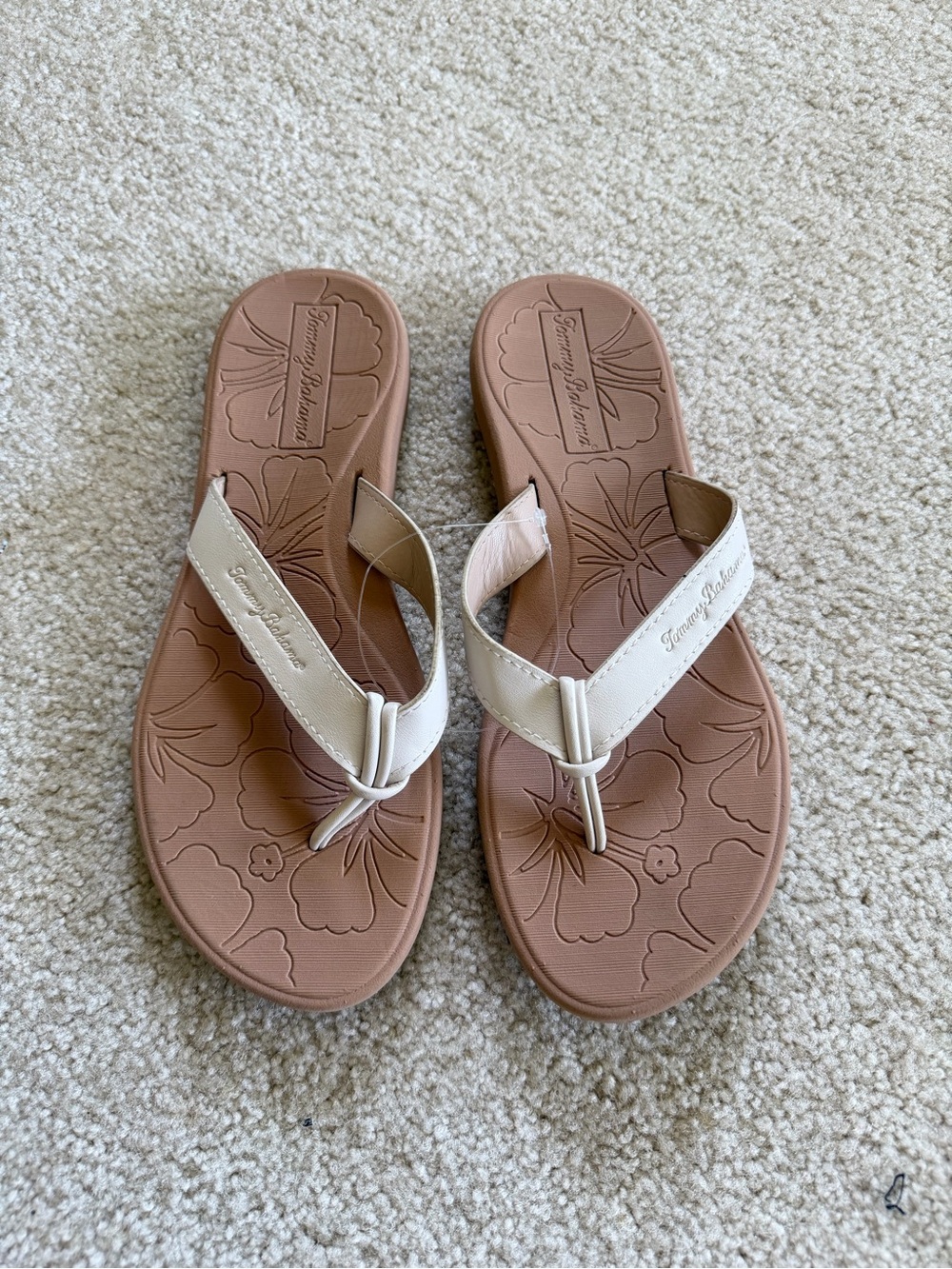 Tommy Bahama Women’s White Strap Tan Floral Footbed Flip Flops Size 8